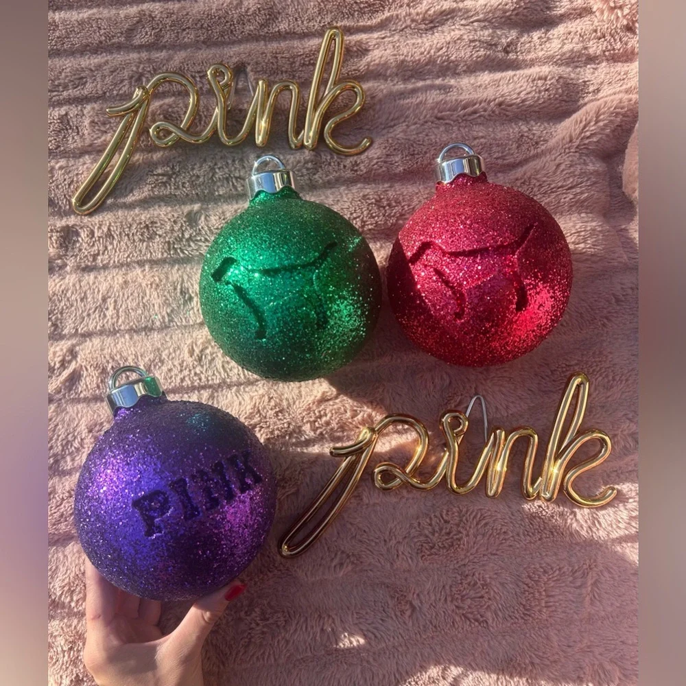 RARE Victoria’s Secret Pink Large Christmas Tree Ornament Balls Set Of 3